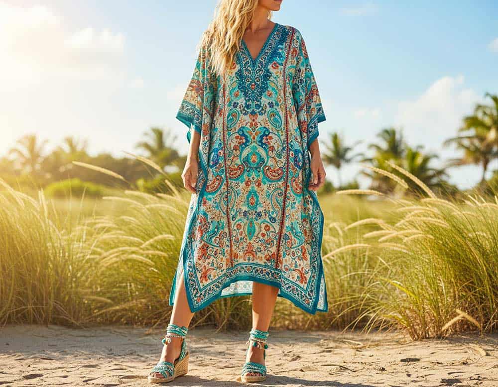 Tunikakleid mit einfachen Schnitt mit blauen Boho Muster kombiniert mit passenden Sandalen