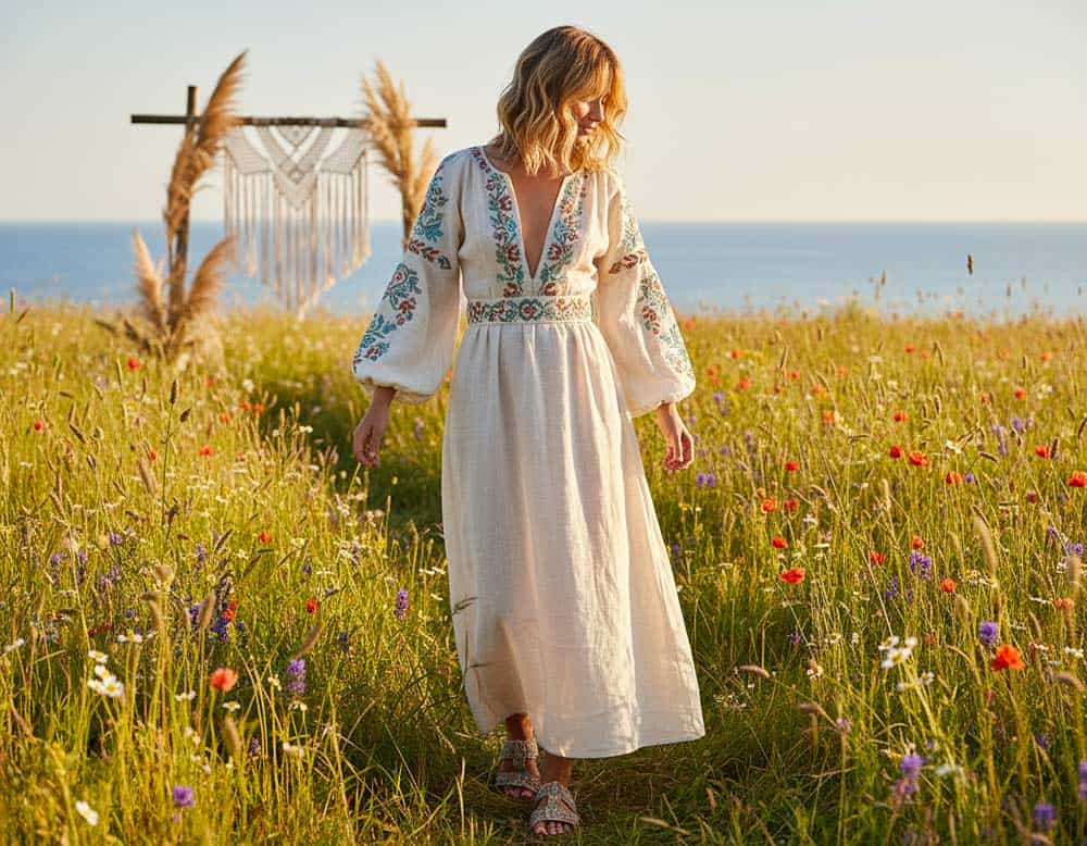 Boho Maxikleid im Ethno Stil aus Leinen mit Stickerei