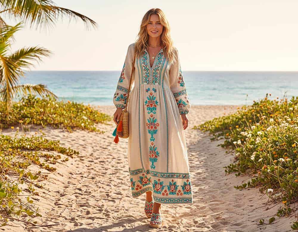Boho Maxikleid langarm aus Leinen mit Stickerei