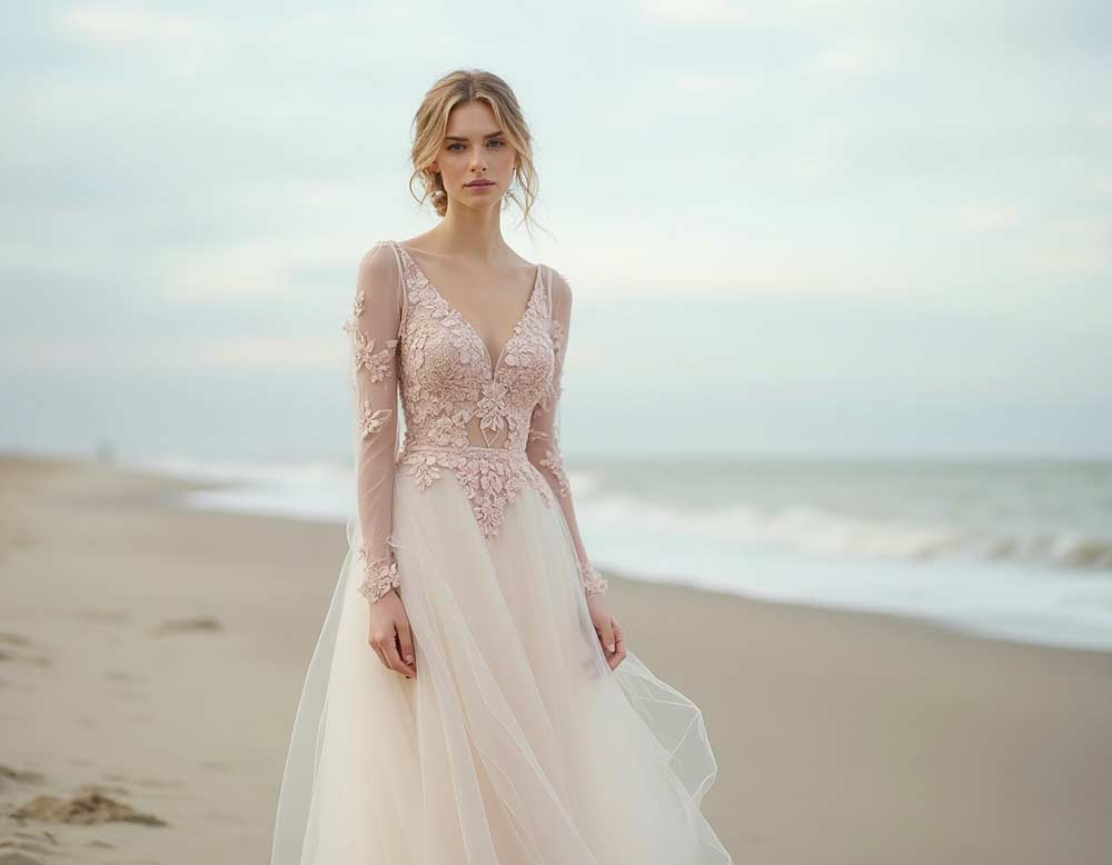 Zartes Brautoutfit für eine Strandhochzeit