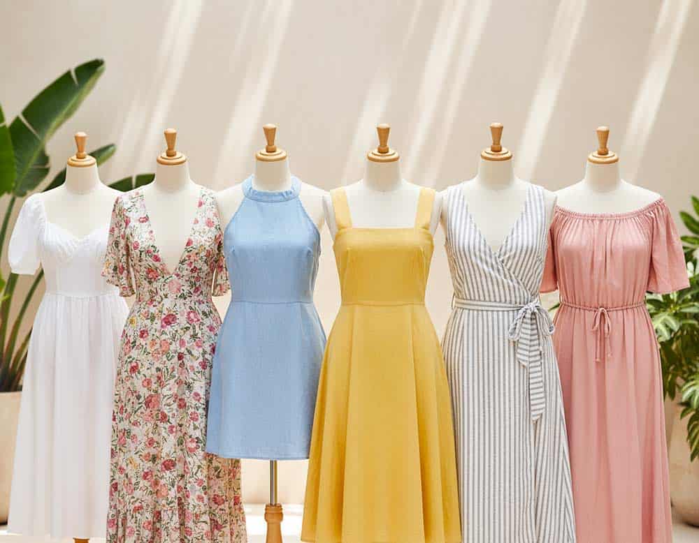 Sommer-Damenkleider mit verschiedenen Ausschnittsformen Sommer-Damenkleider mit verschiedenen Ausschnittsformen