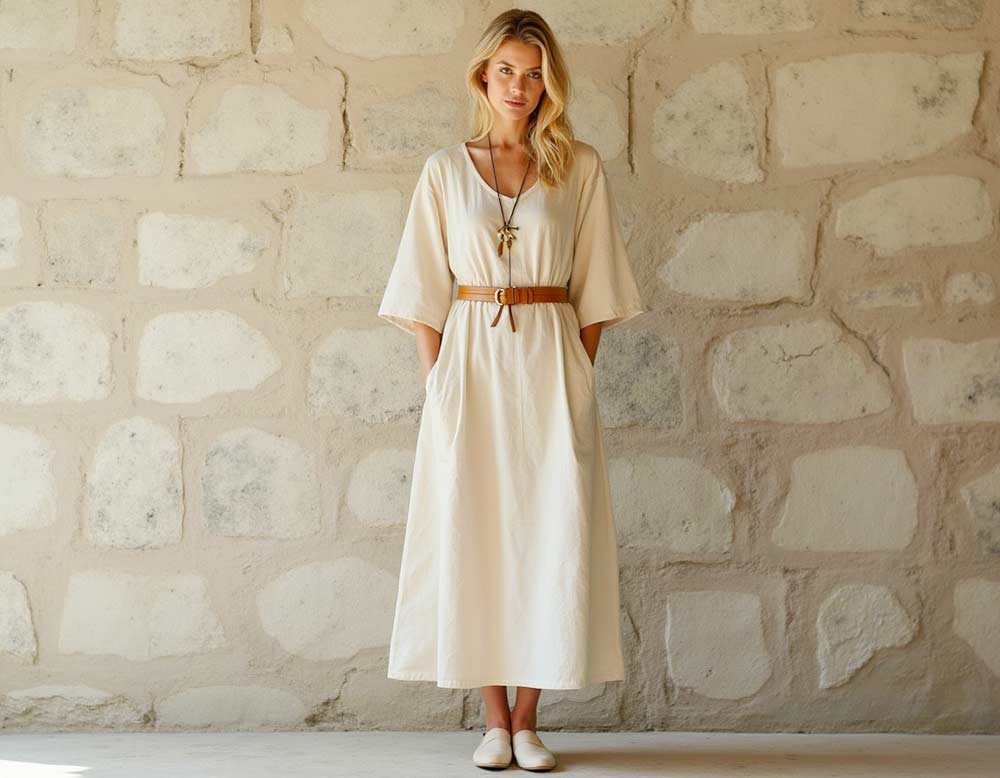 Spanisches Leinenkleid in Beige kombiniert