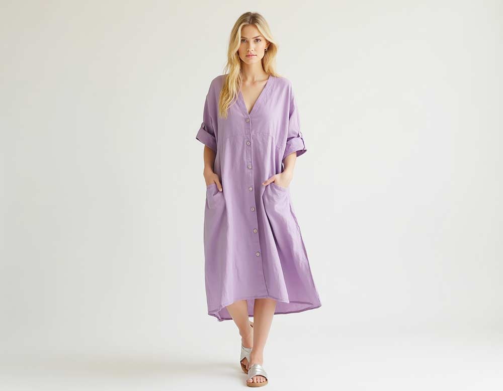 Spanisches lila Midi-Leinenkleid