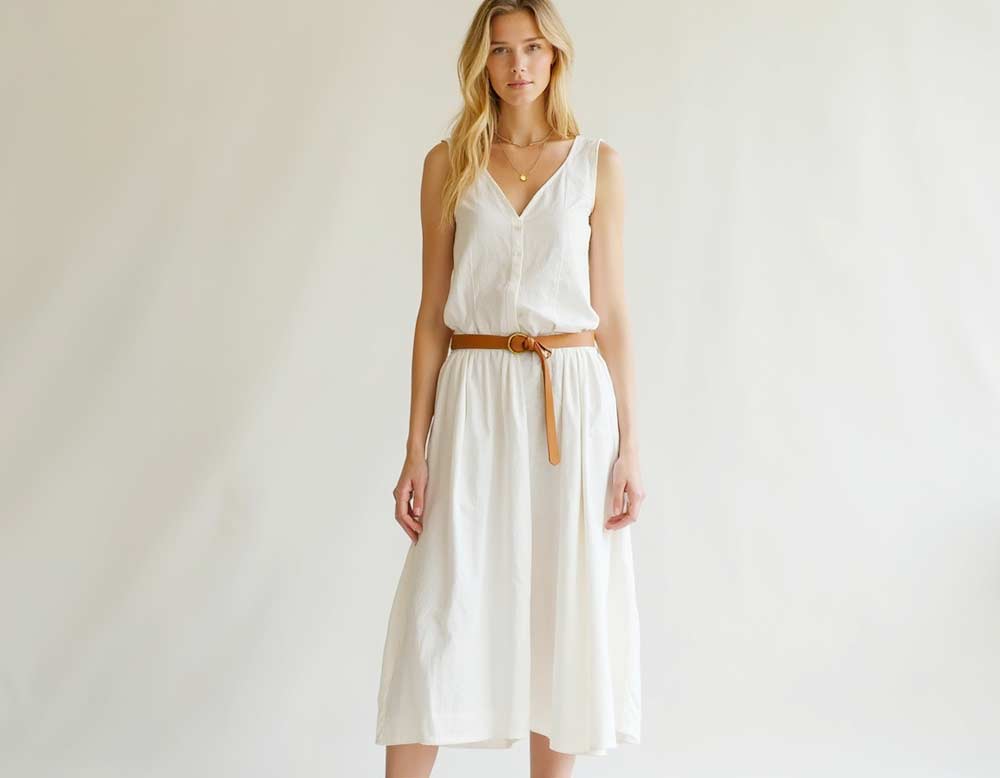 Spanisches Maxi-Leinenkleid mit A-Linie in Weiß