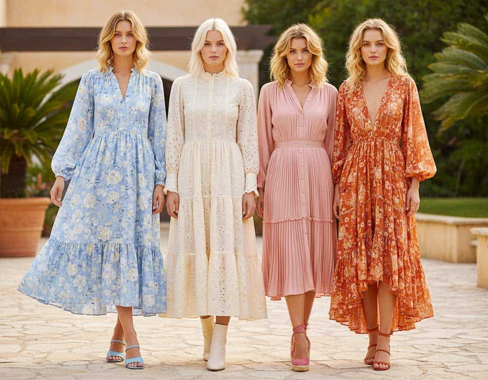 Verschiedene Typen von Blusenkleidern mit passenden Schuhen