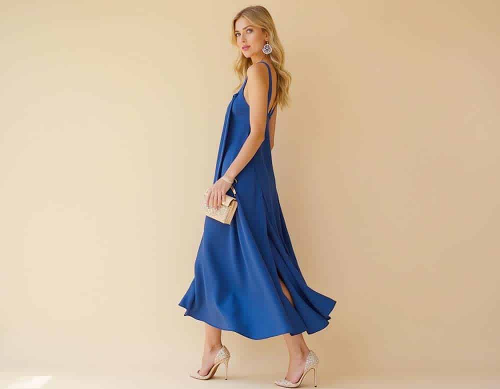 Blaues Kleid kombiniert mit weißgoldener Tasche und Schuhe und Ohrringe im passenden Stil Blaues Kleid kombiniert mit weißgoldener Tasche und Schuhe und Ohrringe im passenden Stil