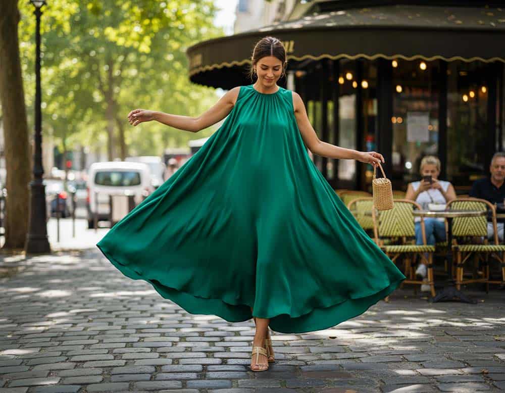 Frau im Kleid mit Trapez-Schnitt in Grün