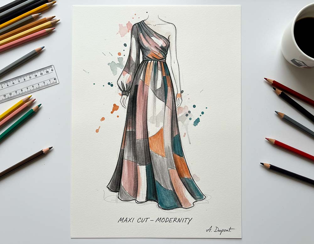 Maxi-Schnitt in Modeskizze Maxi-Schnitt in Modeskizze