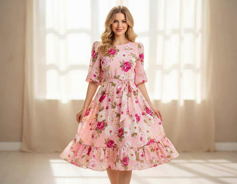 Pinkes Blumenkleid mit großen Blumen