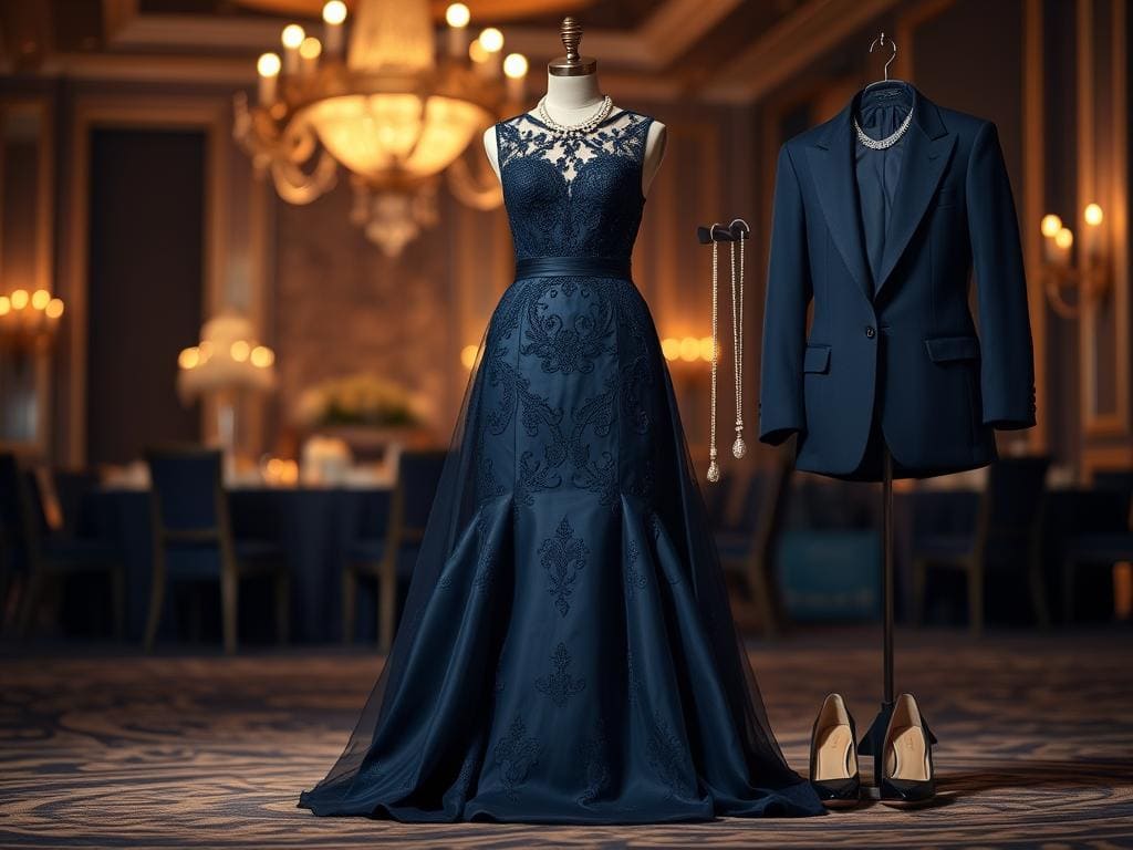 Festliche Outfit-Kombinationen mit dunkelblauem Kleid Festliche Outfit-Kombinationen mit dunkelblauem Kleid