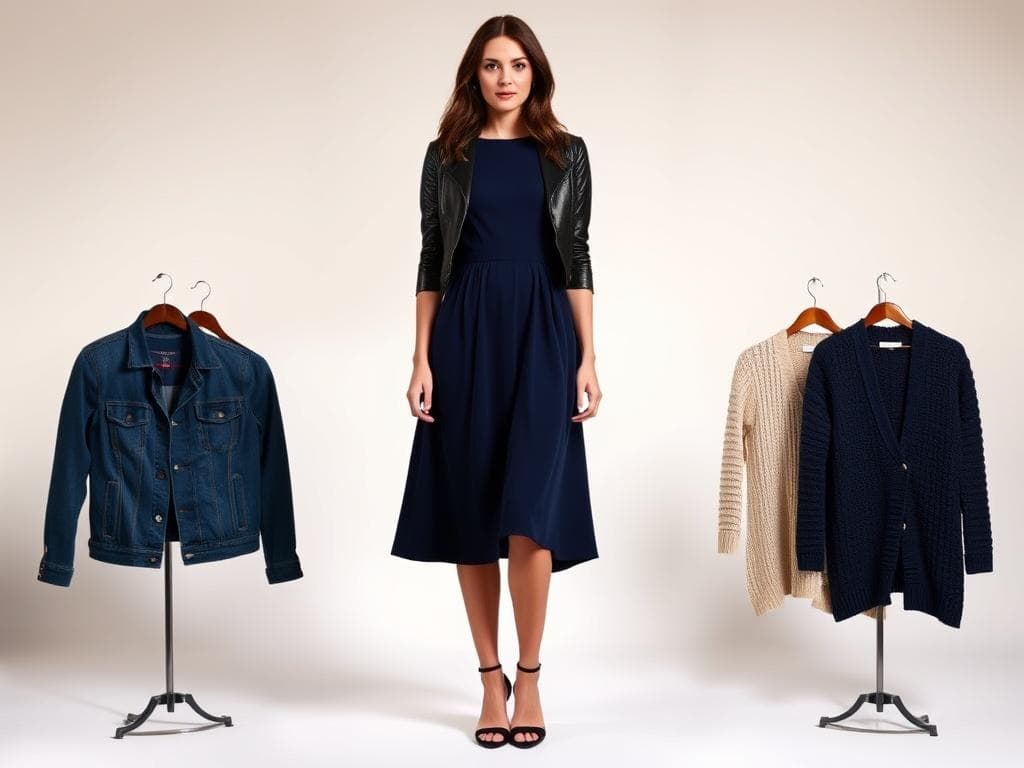 Jacken-Kombinationen mit dunkelblauem Kleid Jacken-Kombinationen mit dunkelblauem Kleid