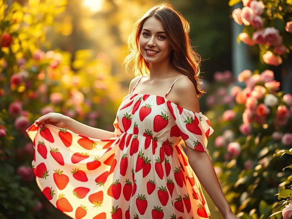 Kleid mit Erdbeeren als Motiv für Damen Kleid mit Erdbeeren als Motiv für Damen