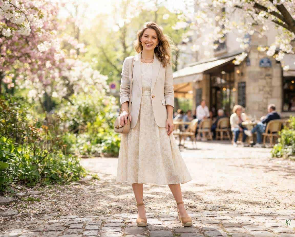 Helle Jacke angezogen zum A-Linien-Kleid Helle Jacke angezogen zum A-Linien-Kleid