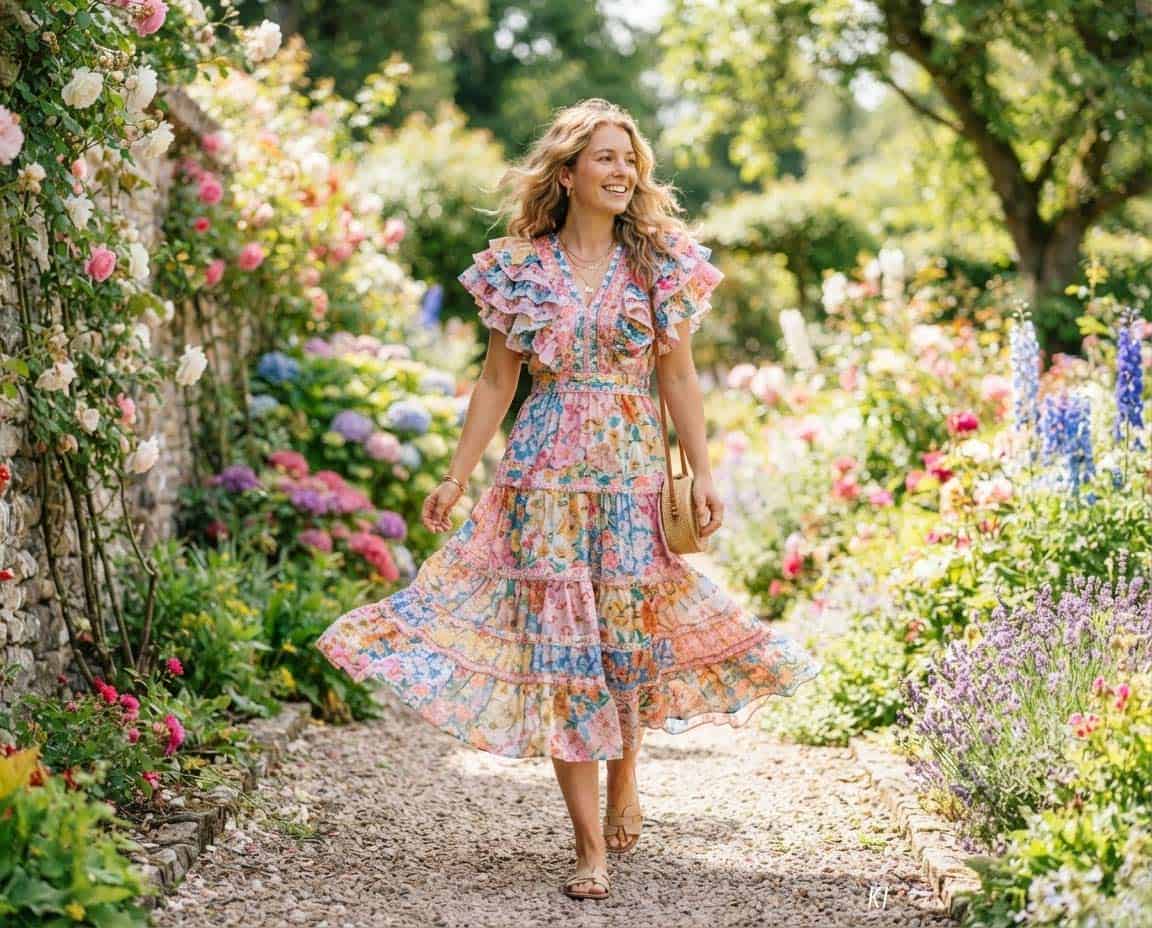 Buntes Sommer-Kleid mit femininen Rüschenärmel